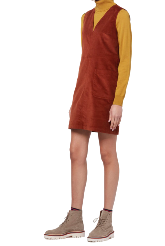 Cotton Stretch Cord Pinafore Dress Rust