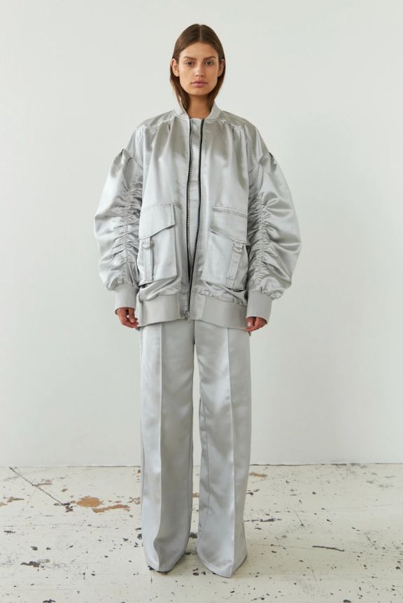 Heavy Shiny Bomber Jacket Pearl Grey