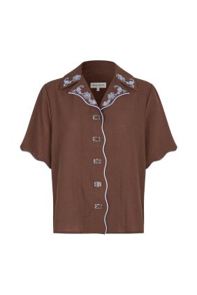 Scalloped Short Sleeve Shirt - Roses Embroidery
