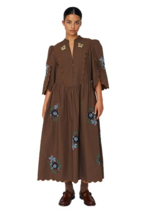 Embroidered Loose Midi Dress - Brown