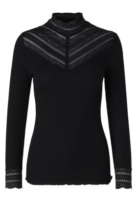 Benita Long Sleeve Lace Silk Top - Black