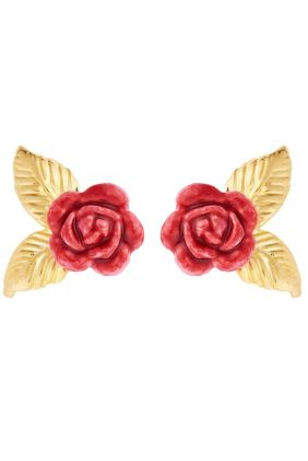 Rose Bud & Gold Leaf Stud Earrings