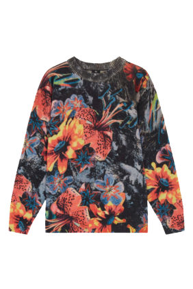 Hawaiian Print Crew Neck Sweater - Black