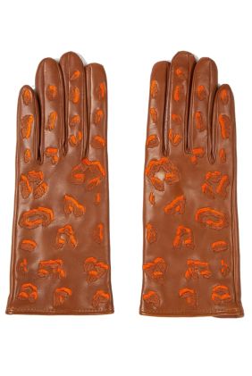 Leather Gloves with Leopard Pattern Detailing - Camel