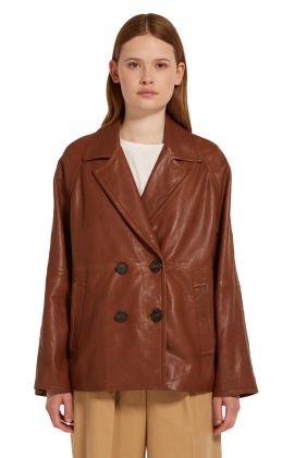 Oria Leather Pea Coat - Tobacco