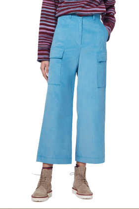 Cotton-Stretch Cord Kick-Flare Trousers - Blue