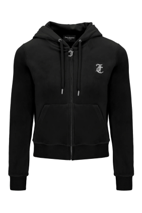 Arched Diamante Classic Velour Zip Hoodie - Black