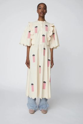 Embroidered Midi Dress with Scallops - Ivory