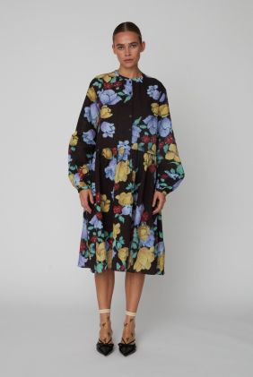 Flowered Cotton Loose Dress - Dark Flowers